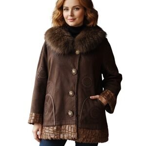 CC Crea Vintage Unique Brown Embossed Faux Suede Fur Trimmed Coat Jacket Women M